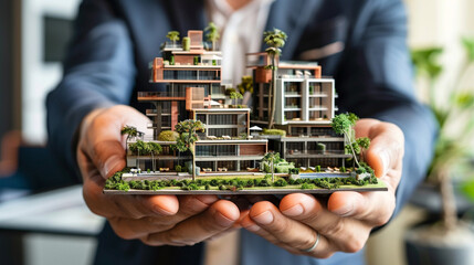 Sticker - A professional real estate developer holding a small, intricate replica of a luxury condominium complex, showcasing the amenities and communal spaces, in a high-end showroom environment.