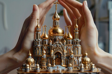 Wall Mural - A pair of hands lifting a tiny, ornate palace with golden domes and intricate details, conveying a sense of grandeur.