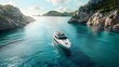 Luxurious Cabin Cruiser Anchored in Serene Coastal Bay with Stunning Mountainous Landscape Captured from Aerial Drone