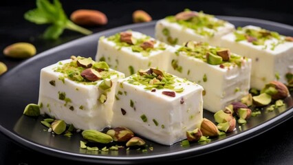 Wall Mural - A plate of white dessert with nuts on top
