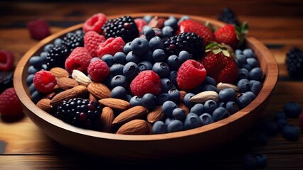 Wall Mural - A bowl of mixed berries and nuts on a wooden table