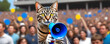 a crazy cat holding a megaphone, promotion, action, holiday, advertise, vacancy, communication, news, information, media, team, relations, people cowd on backside