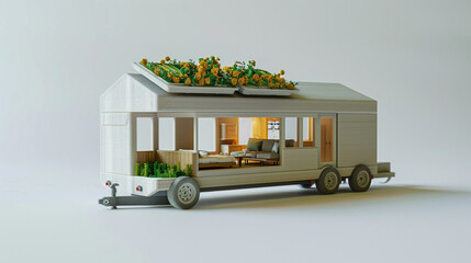 Wall Mural - A 3D printed model of a minimalist tiny home on wheels, complete with a compact living area and green roof, against a white background to emphasize simple, mobile living.