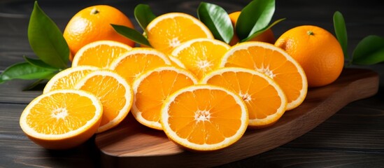 Wall Mural - Fresh oranges arranged neatly on a rustic wooden plate surrounded by green leaves in a natural setting