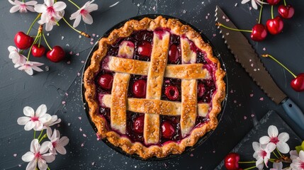 Homemade Cherry Pie on Pi Day. Conceptual Overhead Shot of Delicious Cherry Pie on a March Background