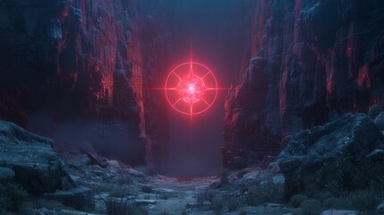 Wall Mural - A deep magenta neon circle, centered over a dark, serene lake, its reflection shimmering in the water, merging tranquility with a vibrant glow.