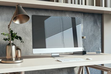 Fototapete - Close up of simple designer workspace with reflections on computer screen. 3D Rendering.