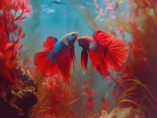 Wall Mural - Two red fish swimming in a tank with red plants