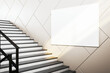Landscape oriented white canvas mockup in a dynamic office stairway. 3D Rendering