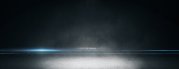 Aufkleber - Spotlight on dark stage with blue neon light and smoke, suspenseful event backdrop. 3D Rendering