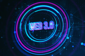 Poster - Digital concept of WEB 3. 0 on a neon glowing cyber interface, with blue and pink highlights on a dark abstract background. 3D Rendering