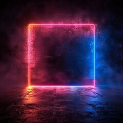 Wall Mural - A vibrant neon square frame glowing intensely against a featureless, solid dark background, creating a striking contrast