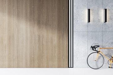 Poster - A modern interior with wooden and concrete walls, two wall lamps, and an orange bicycle leaning against the wall. 3D Rendering