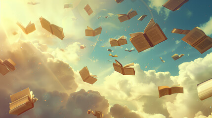 A sky full of books flying in the air. The books are scattered all over the sky, with some of them being very large and others smaller. Concept of freedom and creativity