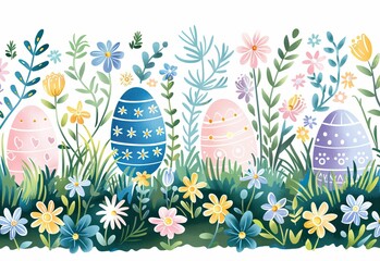 Wall Mural - Easter seamless pattern with eggs, flowers and grass