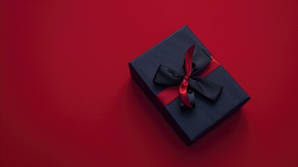 Wall Mural - A black box with a red ribbon on top of a red background