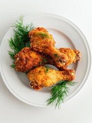 Wall Mural - Three pieces of fried chicken are on a white plate with green herbs