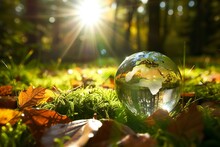Crystal Ball On Green Grass With Autumn Leaves In The Forest,  Concept Of Environmental Conservation