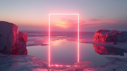 Wall Mural - Bright neon square, hovering above a vast expanse of sand, its geometric shape contrasting sharply with the natural undulations of the sandy landscape.