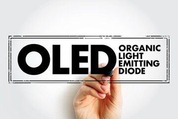 Poster - OLED Organic Light-Emitting Diode - in which the emissive layer is a film of organic compound that emits light in response to an electric current, acronym text concept stamp