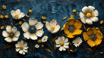 Wall Mural - A painting of a field of flowers with a blue background. AI.