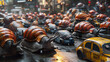 © Sunshine Design - Slow traffic analogy. Oversized snail cars in city street banked up in congestion