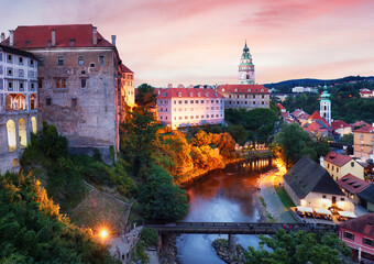 Wall Mural - Dramatic sunset over skyline of old town of Cesky Krumlov - Czech Republic