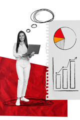 Poster - Composite collage photo of young woman hold netbook thoughtful analytics paper diagram data graphic growth isolated on beige background
