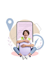 Wall Mural - Creative 3d magazine collage image of excited smiling lady booking new abroad trip isolated beige color background