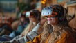 A young woman with a bright smile engages with virtual reality alongside a group, experiencing an immersive digital world.