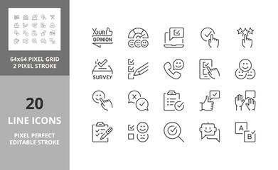 Wall Mural - Line icons about satisfaction surveys. Editable vector stroke. 64 and 256 Pixel Perfect scalable to 128px...