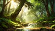illustration of beautiful tropical forest with river and lush vegetation, sun ray through the forest digital background