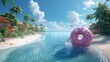 A 3D-rendered pink donut character traveling and enjoy of a tropical beach, food art concept