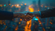 Double exposure of business handshake for successful of investment deal and city night background, teamwork and partnership concept.