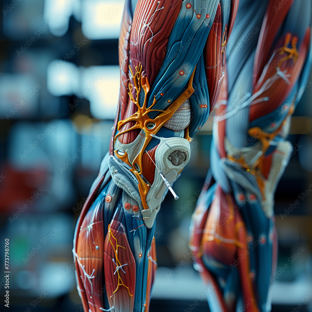 Hyper-detailed muscle anatomy of knee for injection guide, highlighting ...