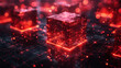 Futuristic neon red cube on a digital network platform with bokeh lights,ai generated