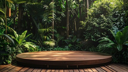 Aufkleber - An artfully crafted wooden podium stands out against a backdrop of lush greenery  AI generated illustration