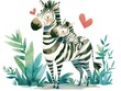 Watercolor, Mother zebra stands and gives her baby a ride on her back sparkling heart Dark green leaf background, large size, white background