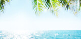 Fototapeta  - Blurred sunny sea landscape with sun, sea, palm leaves