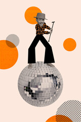 Wall Mural - Vertical collage picture happy young cheerful energetic man dancer discoball party clubbing stylish jazz outfit drawing background