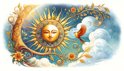 Wall Mural - Illustration of the sun with a happy face in watercolor style for sinhala new year celebration.