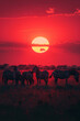 A realistic savannah sunset with a silhouette of geometric zebras grazing, their stripes transformin
