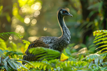 Aufkleber - The towering Moa of New Zealand, its neck stretched high, browsing on forest foliage in dappled sunl