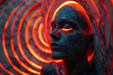 Poster - A faceless being with a glowing eclipse for a mind, set against a backdrop of flowing neon ridges. 3