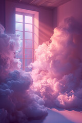 Aufkleber - A minimalist set for a photoshoot with a surreal touch, clouds emitting a gentle radiance, against a