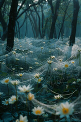 Poster - A network of spider lily webs, each node a flower acting as a natural surveillance system, protectin