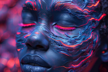 Poster - A mystical head with a square window revealing a universe of pulsating neon waves. Photorealism : Si