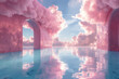 Fantasy room with walls of muted mauve, radiant clouds suspended in air, and a tranquil blue floor r
