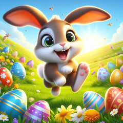 Wall Mural - A joyful bunny expressive eyes and floppy ears, hopping through a vibrant meadow with colorful Easter eggs.