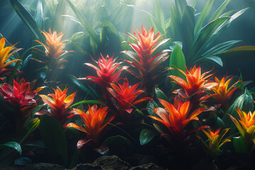Poster - A chorus of bromeliads emitting harmonic frequencies, the vibrations shaping the rainforest's ambien